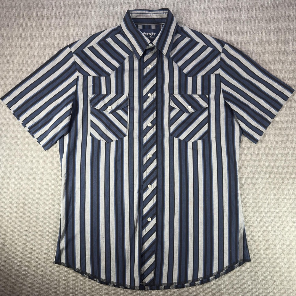 Wrangler Shirt Mens Medium Blue Stripe Western Pearl Snap Cowboy Short Sleeve